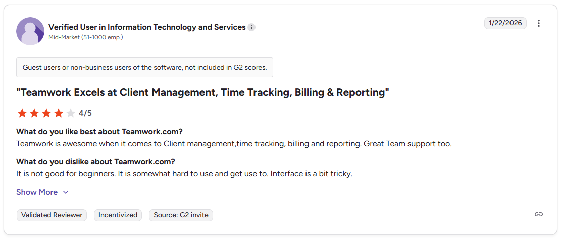 G2 review by a verified user in Information Technology and Services at a mid-market company, giving Teamwork.com 4 out of 5 stars, dated January 22, 2026.
