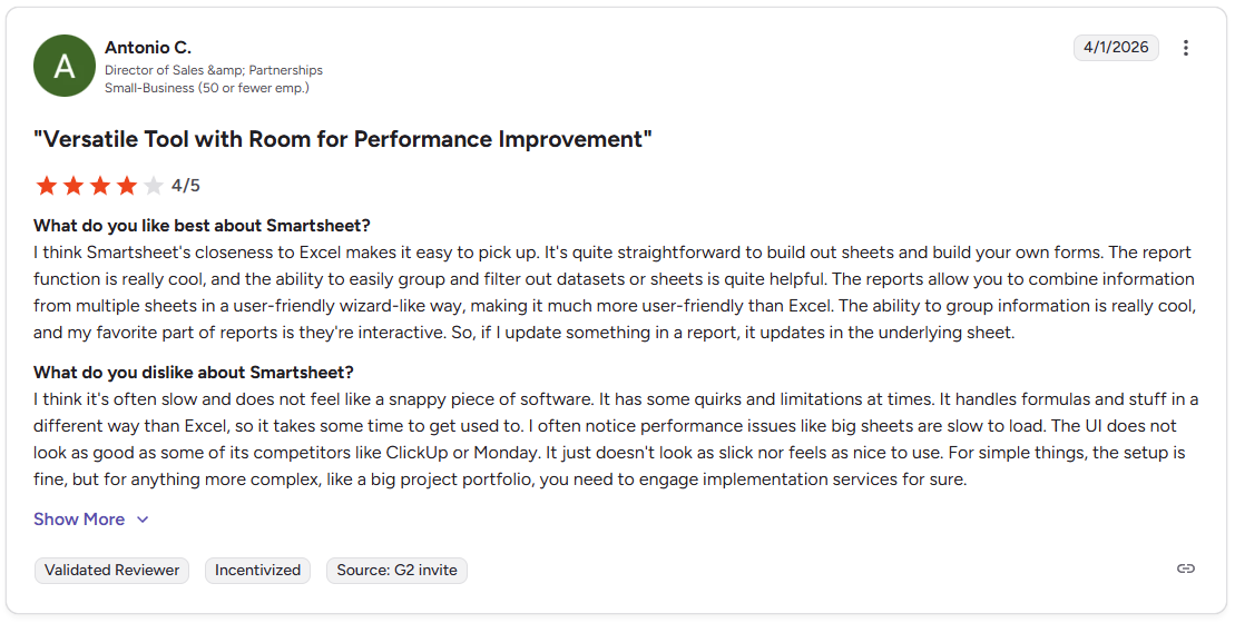 Antonio C. four star G2 review of Smartsheet noting performance issues and visual limitations