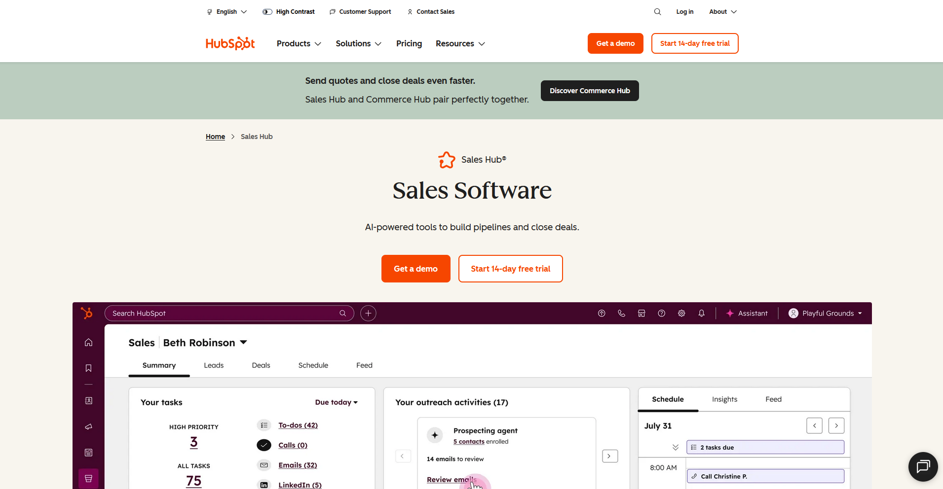 HubSpot Sales Hub homepage