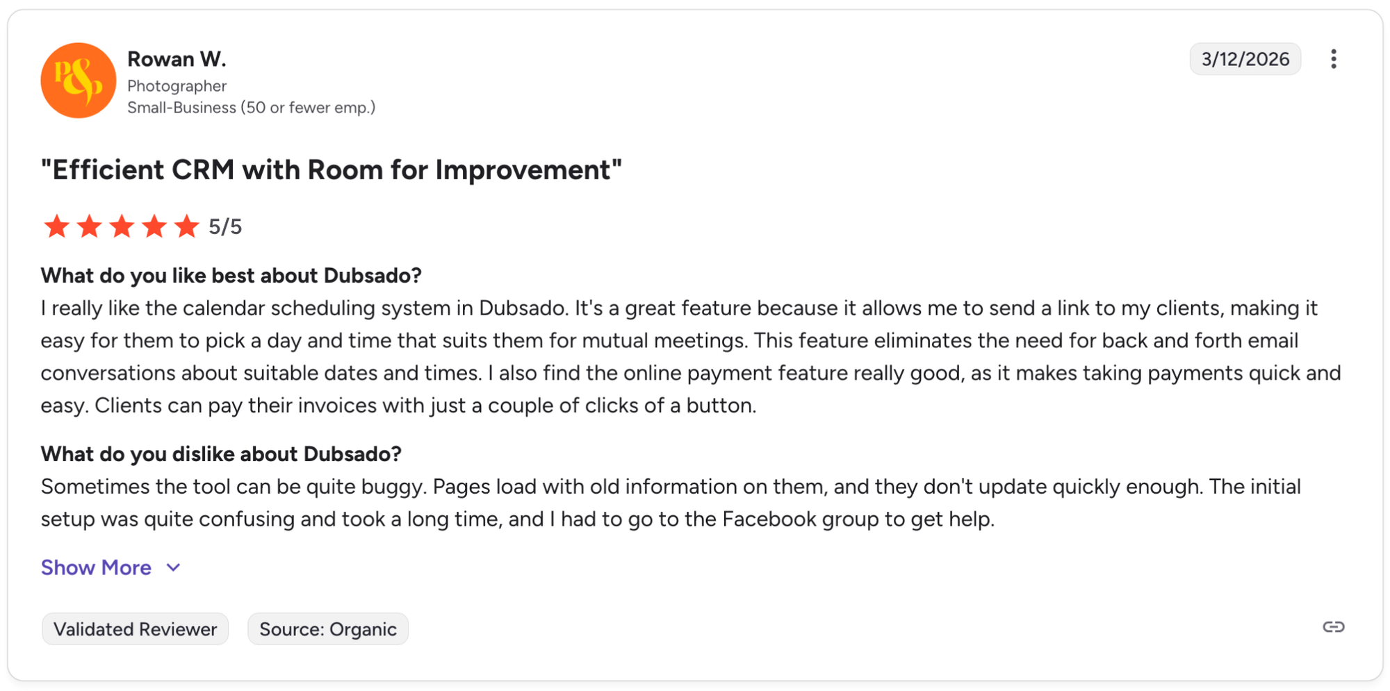G2 review of Dubsado by Rowan W., photographer, small business, 5 out of 5 stars, dated March 12, 2026.