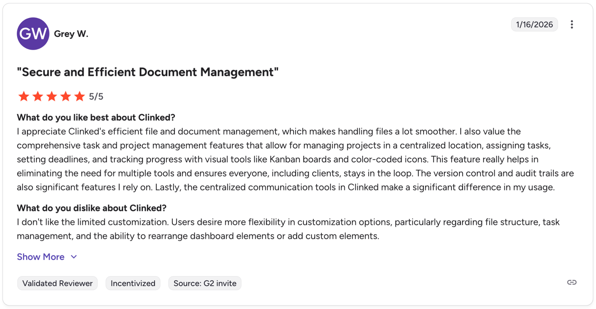 Clinked G2 review from Grey W., 5 stars, highlighting file management and task tracking features