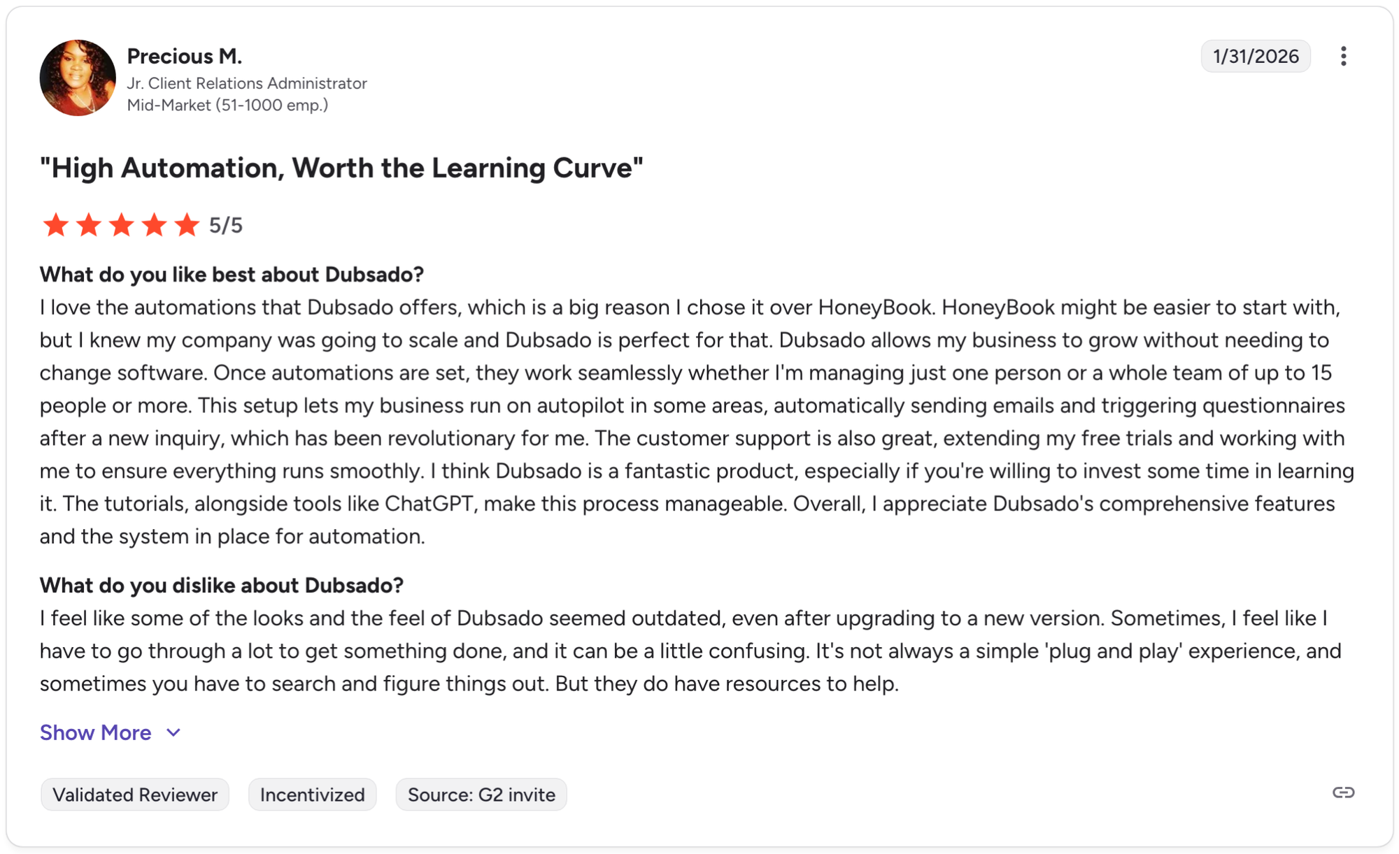 G2 review of Dubsado by Precious M., Jr. Client Relations Administrator, mid-market, 5 out of 5 stars, dated January 31, 2026.