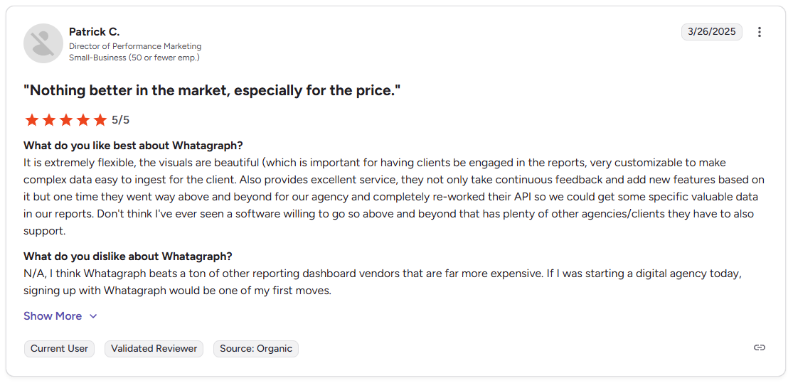 Patrick C. G2 review of Whatagraph praising visual flexibility and customization for client reporting

