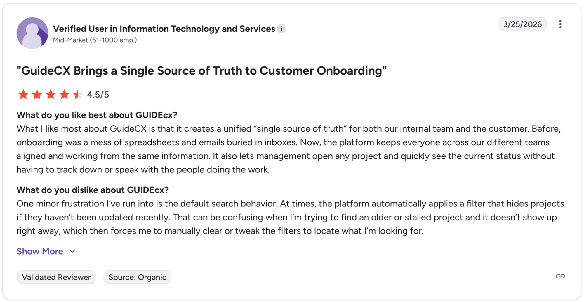 G2 review showing 4.5-star rating from Verified User in Information Technology and Services at Mid-Market company