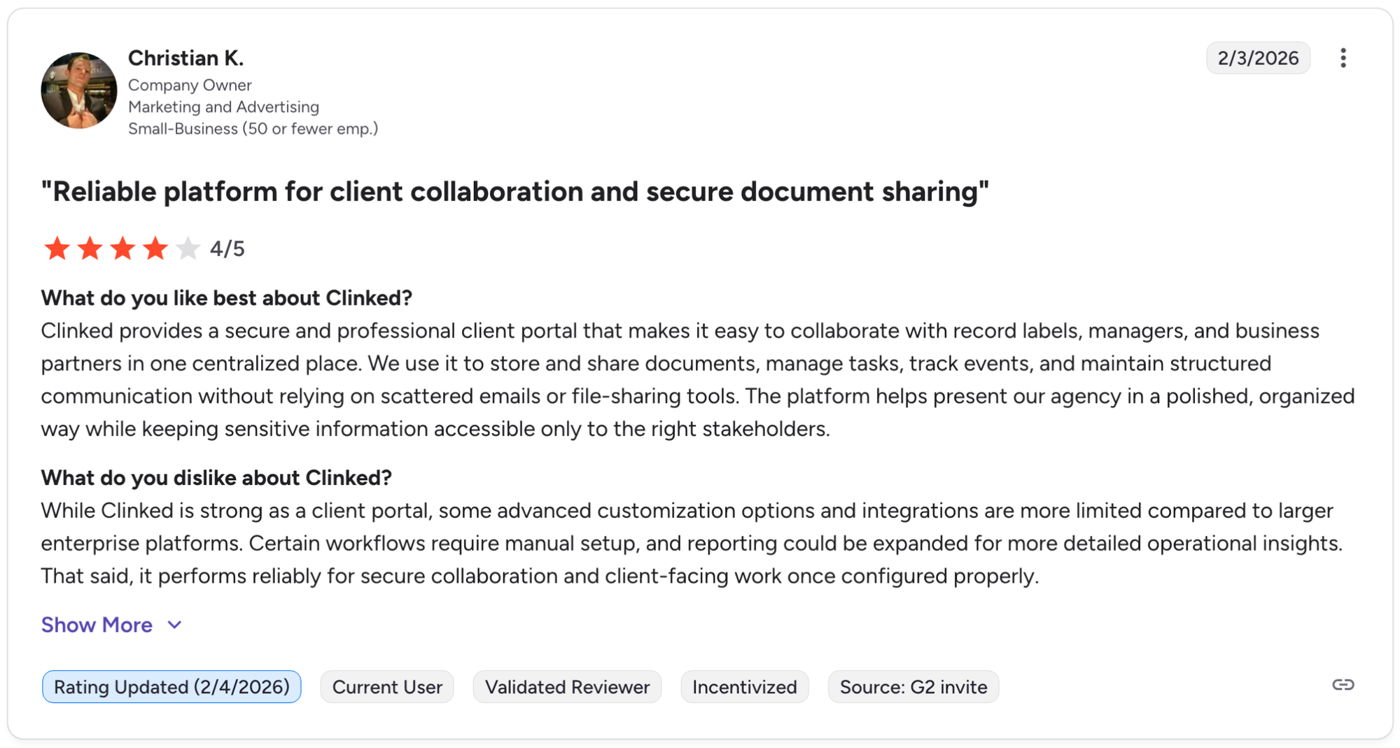 Clinked G2 review from Christian K., 4 stars, praising secure collaboration but noting limited customization