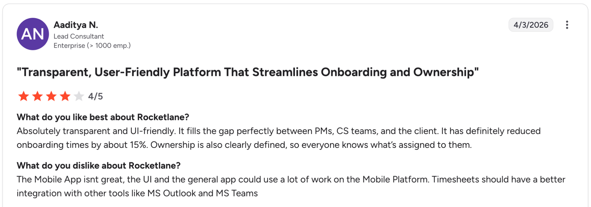 G2 review showing 4-star rating from Lead Consultant at Enterprise company