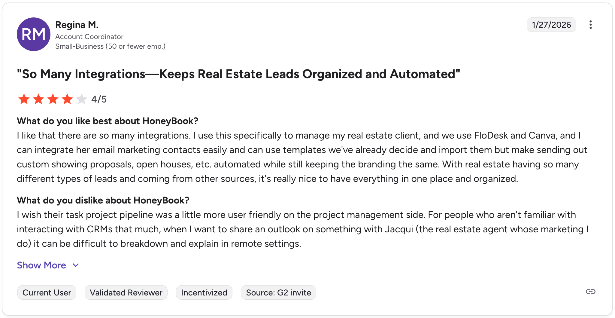 HoneyBook G2 review from Regina M., 4 stars, noting integration strengths but project management limitations