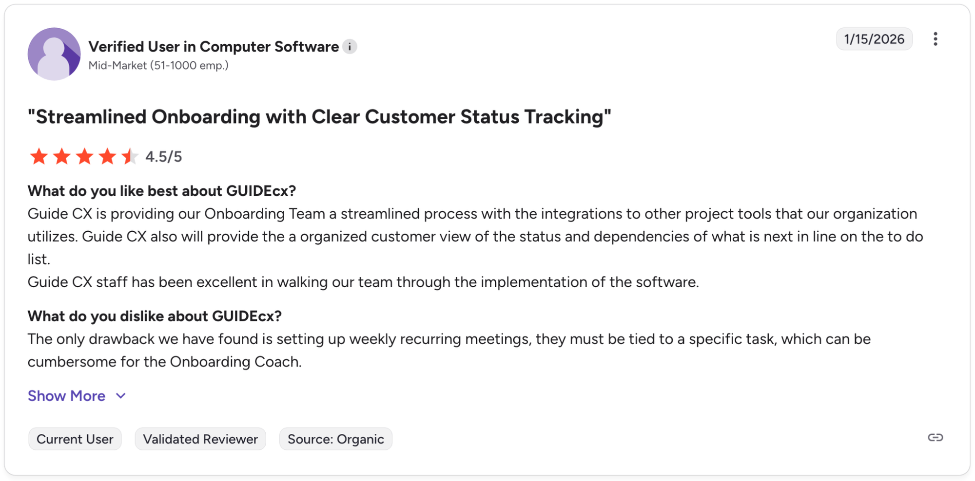 G2 review showing 4.5-star rating from Verified User in Computer Software at Mid-Market company