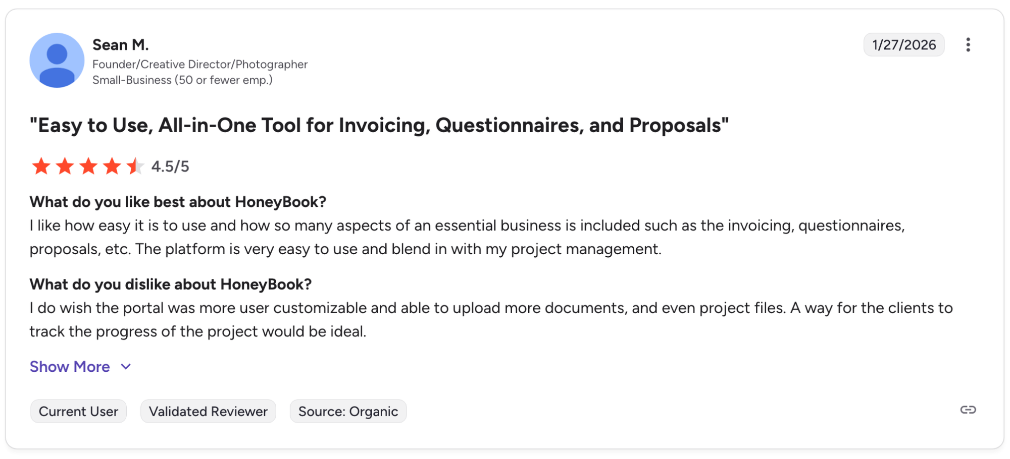 HoneyBook G2 review from Sean M., 4.5 stars, praising ease of use for invoicing and proposals