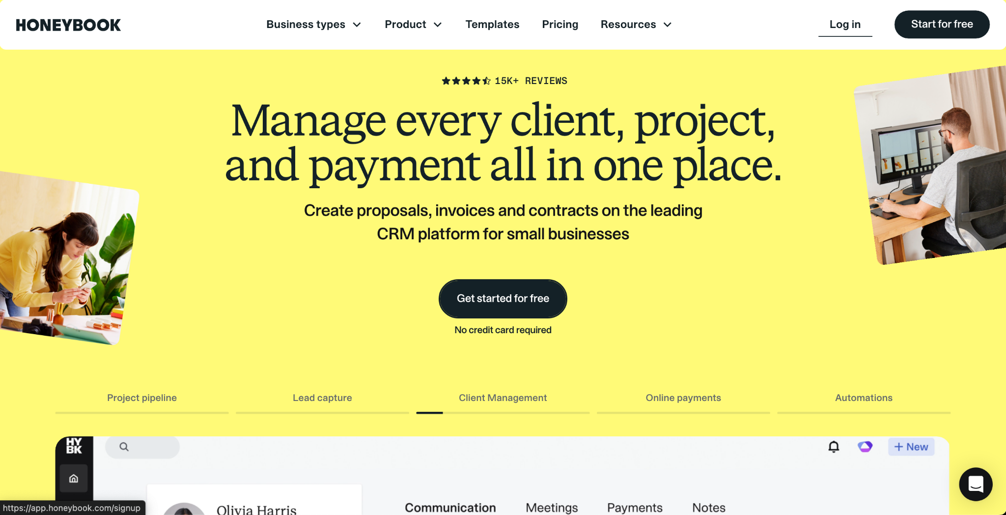 HoneyBook homepage