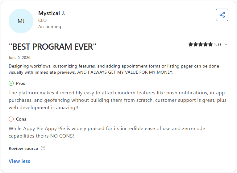 5-star Capterra review of Appy Pie by Mystical J., CEO, Accounting, titled "Best Program Ever"