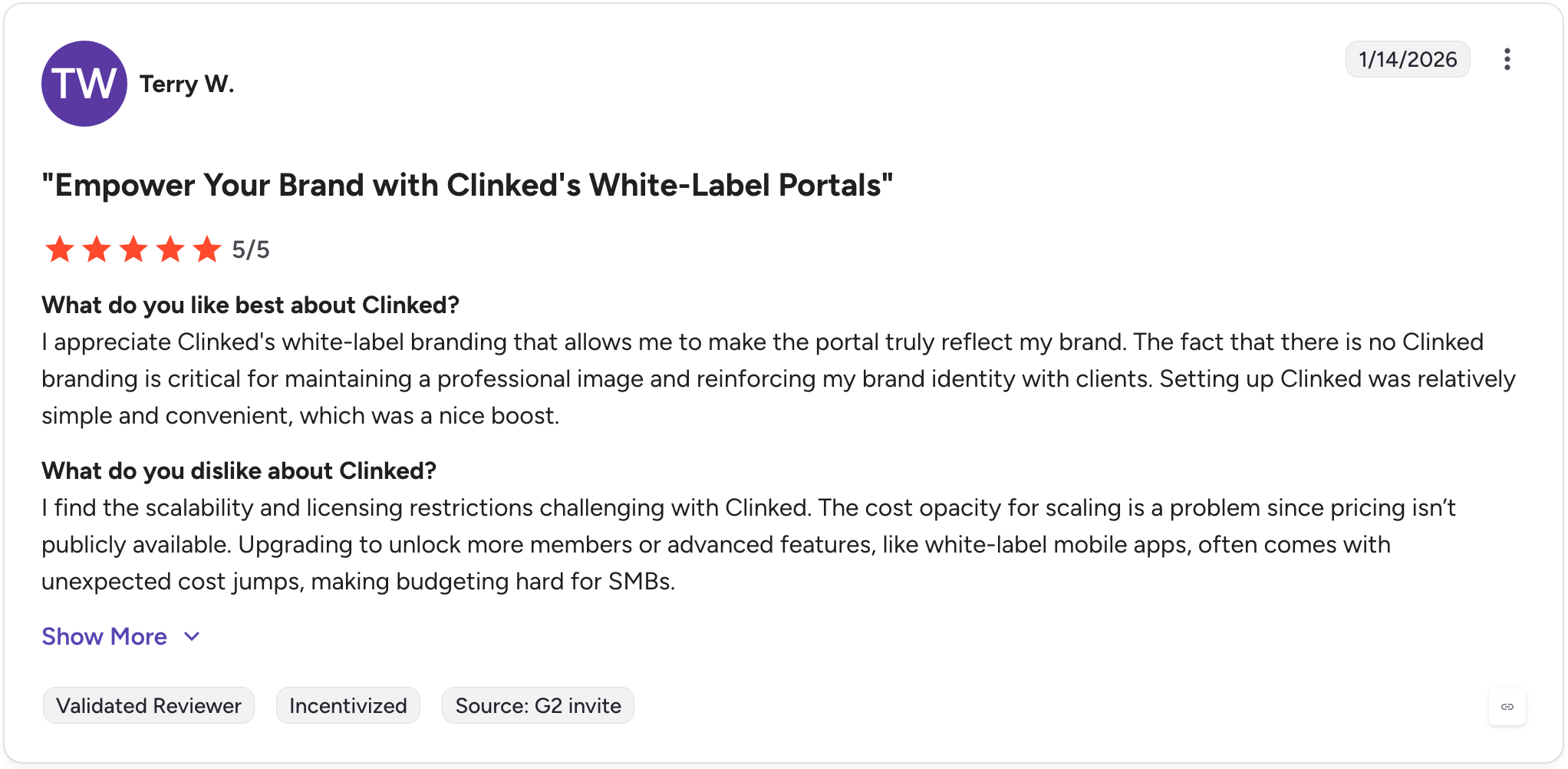 G2 review by Terry W., validated reviewer, rating Clinked 5 out of 5 stars on January 14, 2026.
