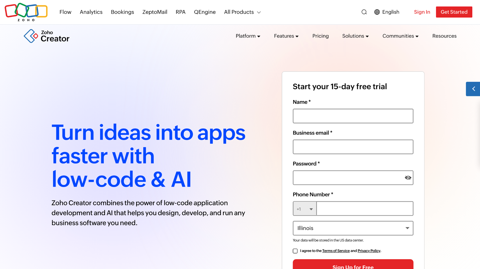 Zoho Creator homepage