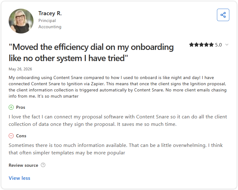 Tracey R., Principal in Accounting, gives Content Snare a 5-star rating on Capterra, noting the volume of available information can sometimes feel overwhelming.