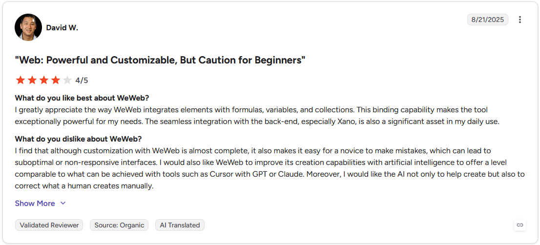 4-star G2 review of WeWeb by David W., titled "Web: Powerful and Customizable, But Caution for Beginners"