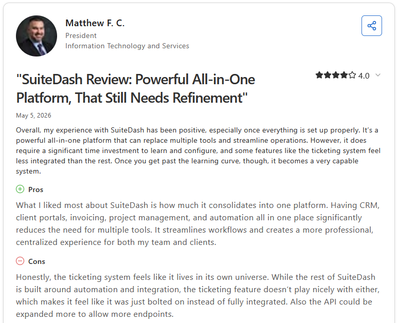 Capterra review for SuiteDash by Matthew F. C.