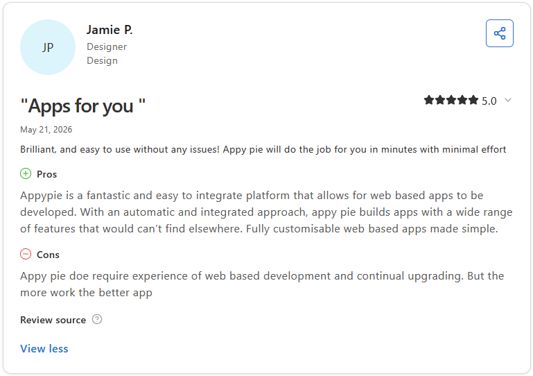 5-star Capterra review of Appy Pie by Jamie P., Designer, Design, titled "Apps for you"