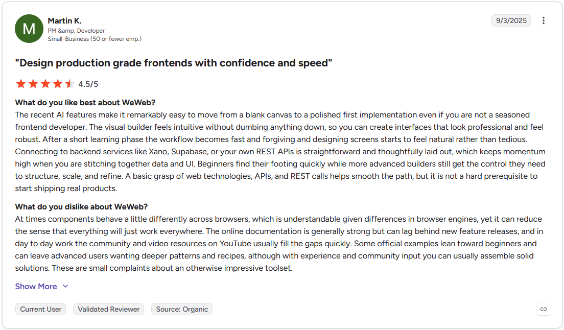 4.5-star G2 review of WeWeb by Martin K., PM & Developer, Small-Business, titled "Design production grade frontends with confidence and speed"