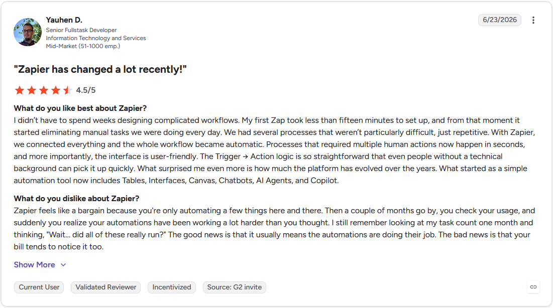G2 review by Yauhen D., Senior Fullstack Developer, rating Zapier 4.5 out of 5