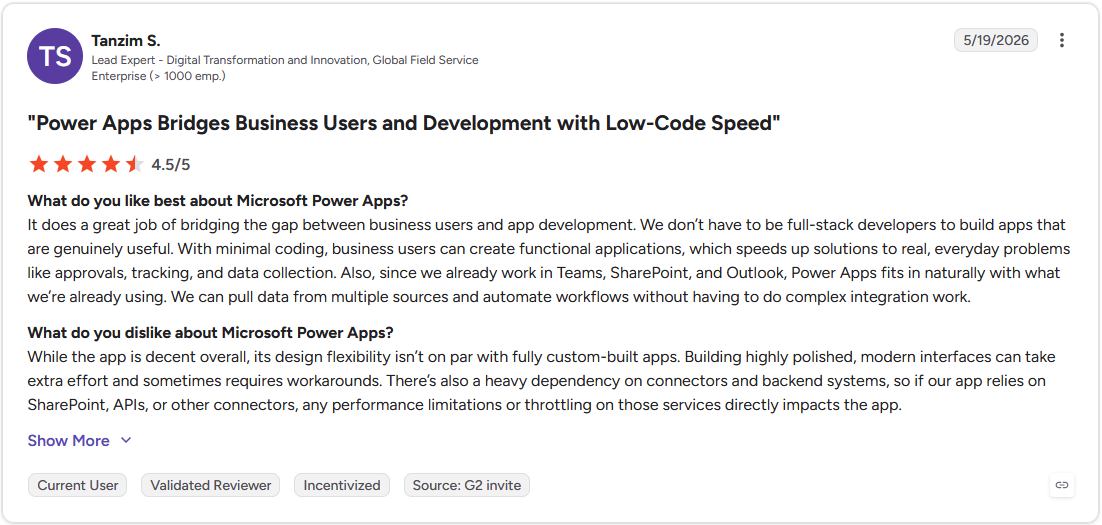G2 review screenshot - Tanzim S. rates Microsoft Power Apps 4.5/5