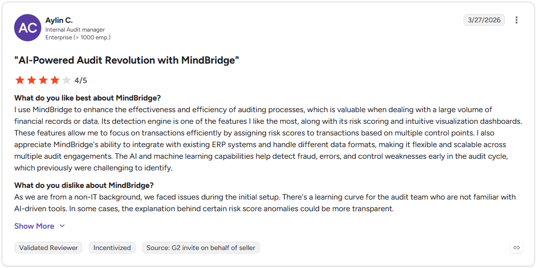 MindBridge G2 review by Aylin C., Internal Audit Manager, rated 4 out of 5 stars, dated March 27, 2026