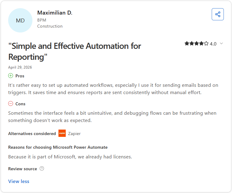 Capterra review by Maximilian D., BPM professional in Construction, rating Microsoft Power Automate 4 out of 5