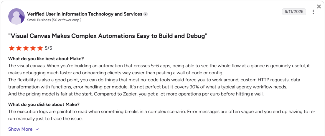 G2 review by a verified user in Information Technology and Services, rating Make 5 out of 5