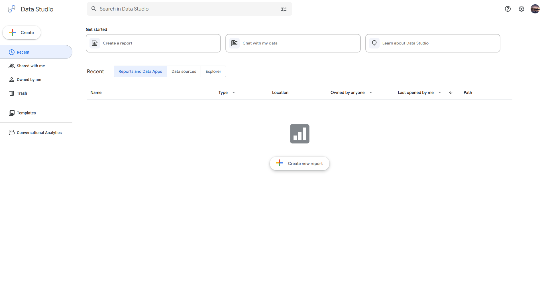 Data Studio homepage