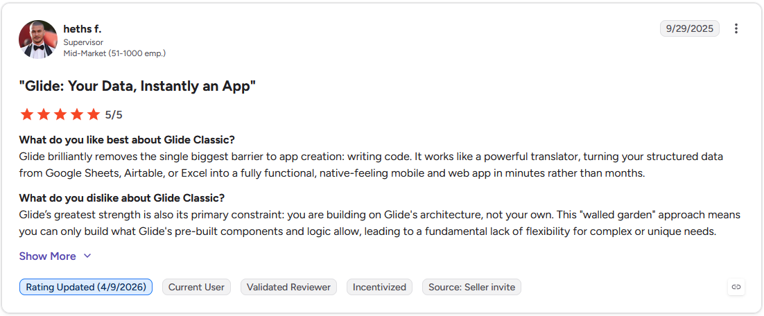 5-star G2 review of Glide by heths f., Supervisor, Mid-Market, titled "Glide: Your Data, Instantly an App"