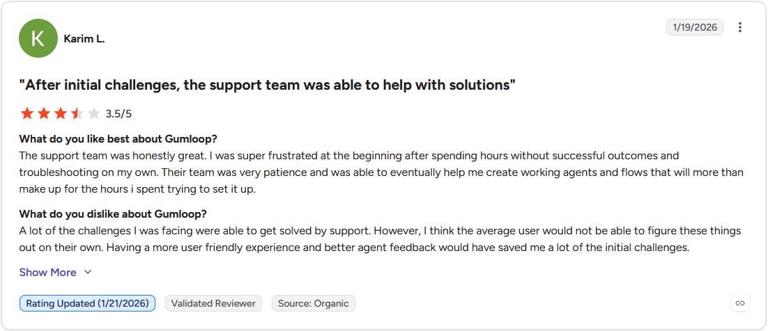 G2 review by Karim L., rating Gumloop 3.5 out of 5