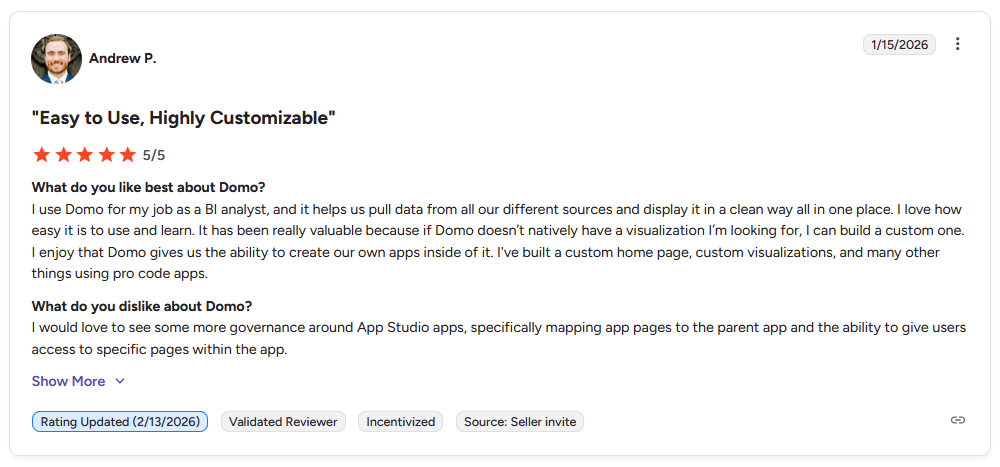 G2 review from Andrew P. praising Domo's ease of use and ability to build custom visualizations and apps inside the platform.