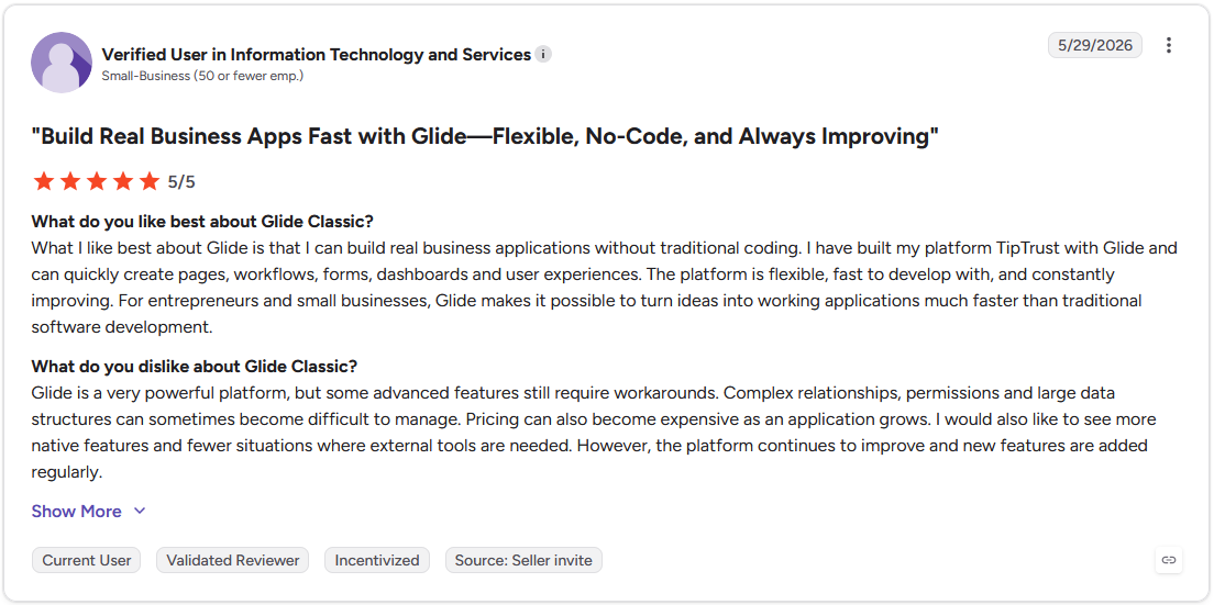 5-star G2 review of Glide by a verified user in Information Technology and Services, Small-Business, titled "Build Real Business Apps Fast with Glide — Flexible, No-Code, and Always Improving"
