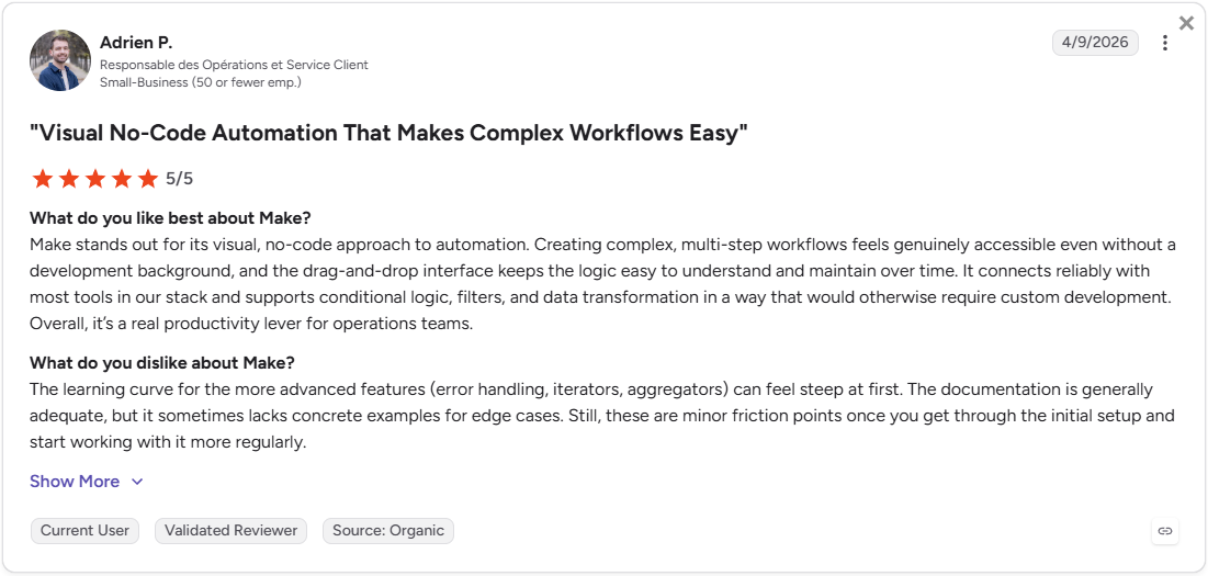 G2 review by Adrien P., Operations and Customer Service Manager, rating Make 5 out of 5