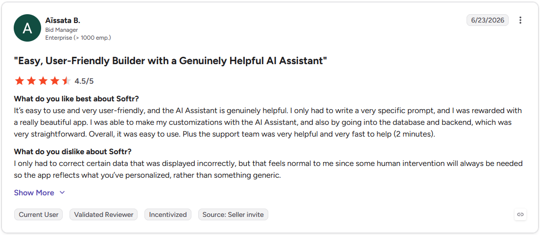 4.5-star G2 review of Softr by Aïssata B., Bid Manager, Enterprise, titled "Easy, User-Friendly Builder with a Genuinely Helpful AI Assistant"