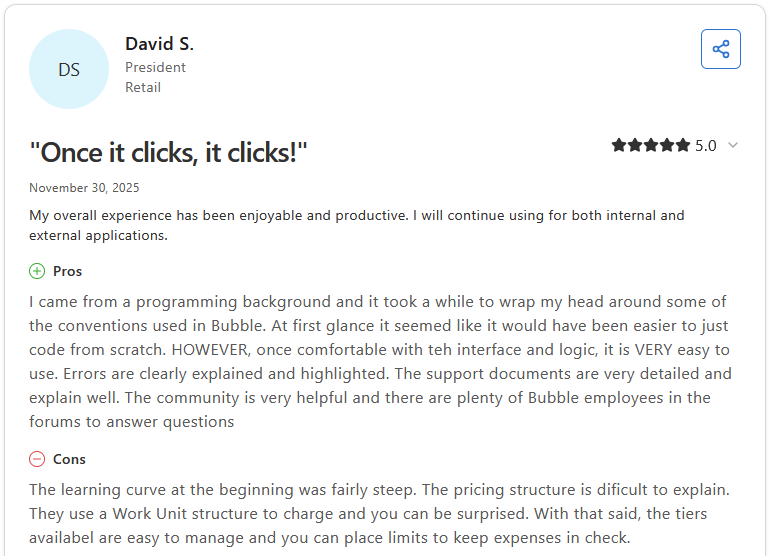 5-star Capterra review of Bubble by David S., President, Retail, titled "Once it clicks, it clicks!"