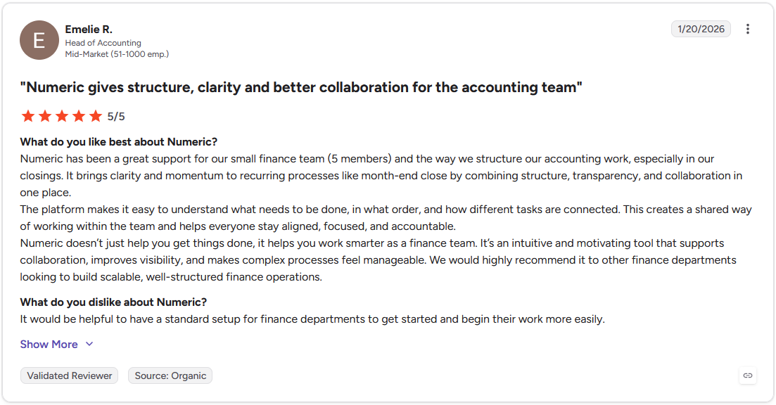 Numeric G2 review by Emelie R., Head of Accounting, rated 5 out of 5 stars, dated January 20, 2026