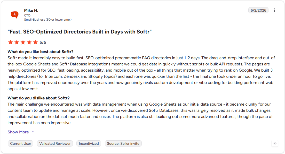 5-star G2 review of Softr by Mike H., CTO, Small-Business, titled "Fast, SEO-Optimized Directories Built in Days with Softr"