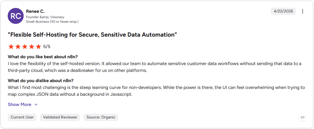 G2 review by Renee C., Founder and Visionary, rating n8n 5 out of 5