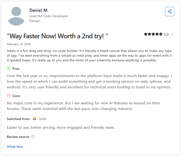  5-star Capterra review of Adalo by Daniel M., Lead No Code Developer, titled "Way Faster Now! Worth a 2nd try!"