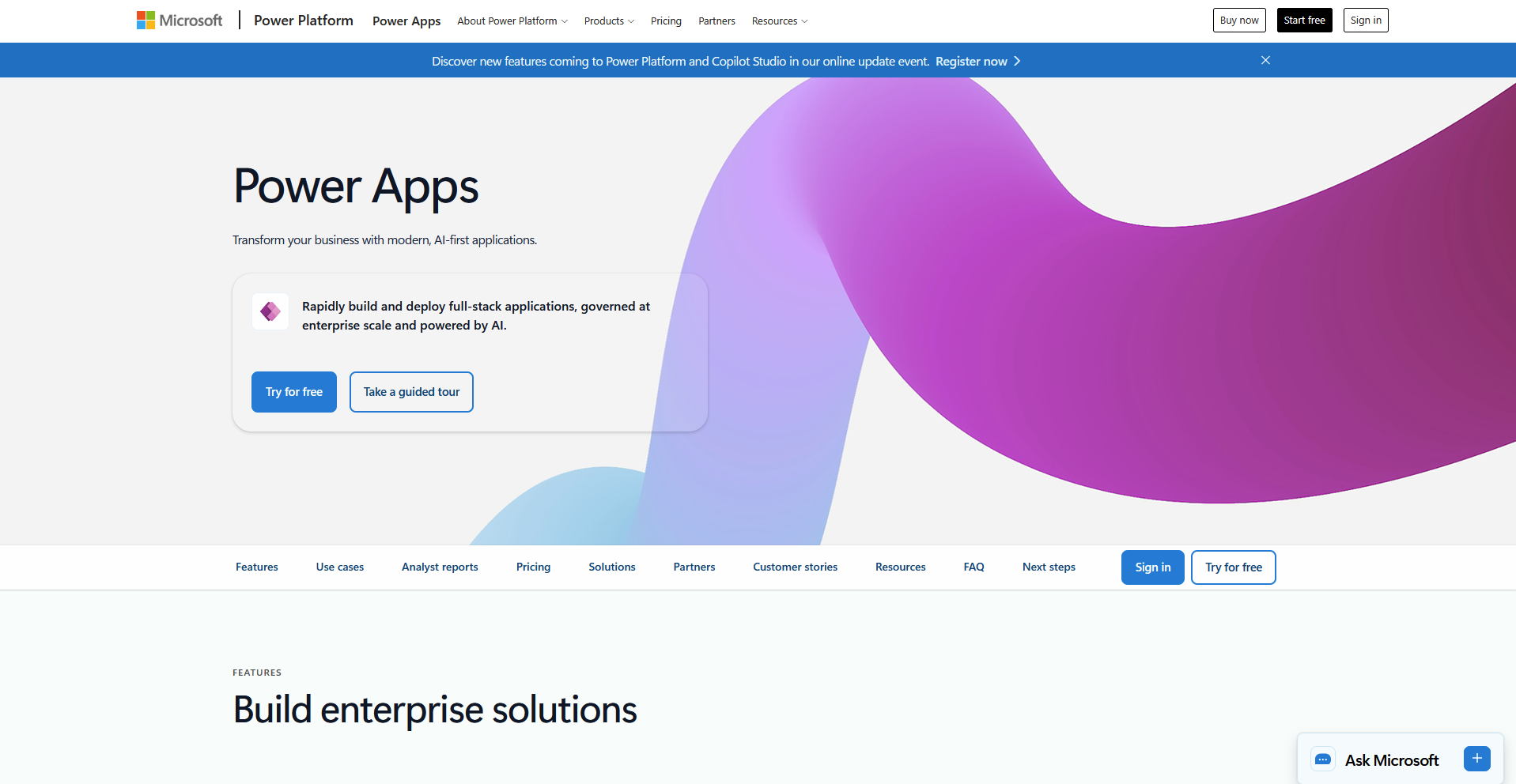 Microsoft Power Apps homepage