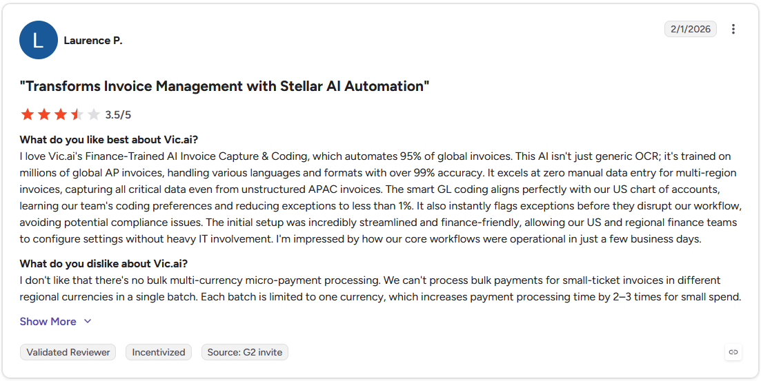 Vic.ai G2 review by Laurence P., rated 3.5 out of 5 stars, dated February 1, 2026