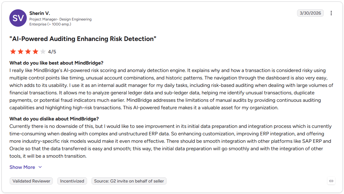 MindBridge G2 review by Sherin V., Project Manager, rated 4 out of 5 stars, dated March 30, 2026
