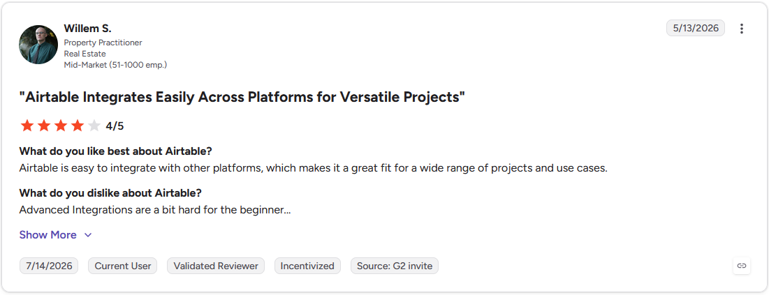 G2 review by Willem S., Property Practitioner at a mid-market real estate company, rating Airtable 4 out of 5 stars.