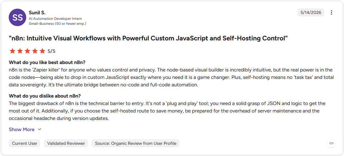 G2 review by Sunil S., AI Automation Developer Intern, rating n8n 5 out of 5