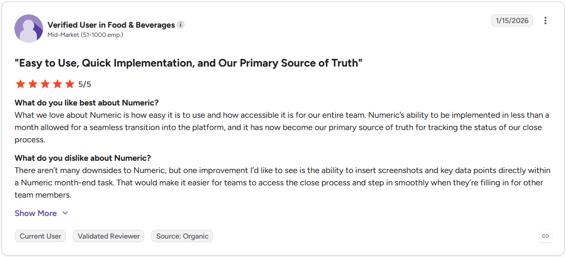 Numeric G2 review by a verified user in Food & Beverages, rated 5 out of 5 stars, dated January 15, 2026