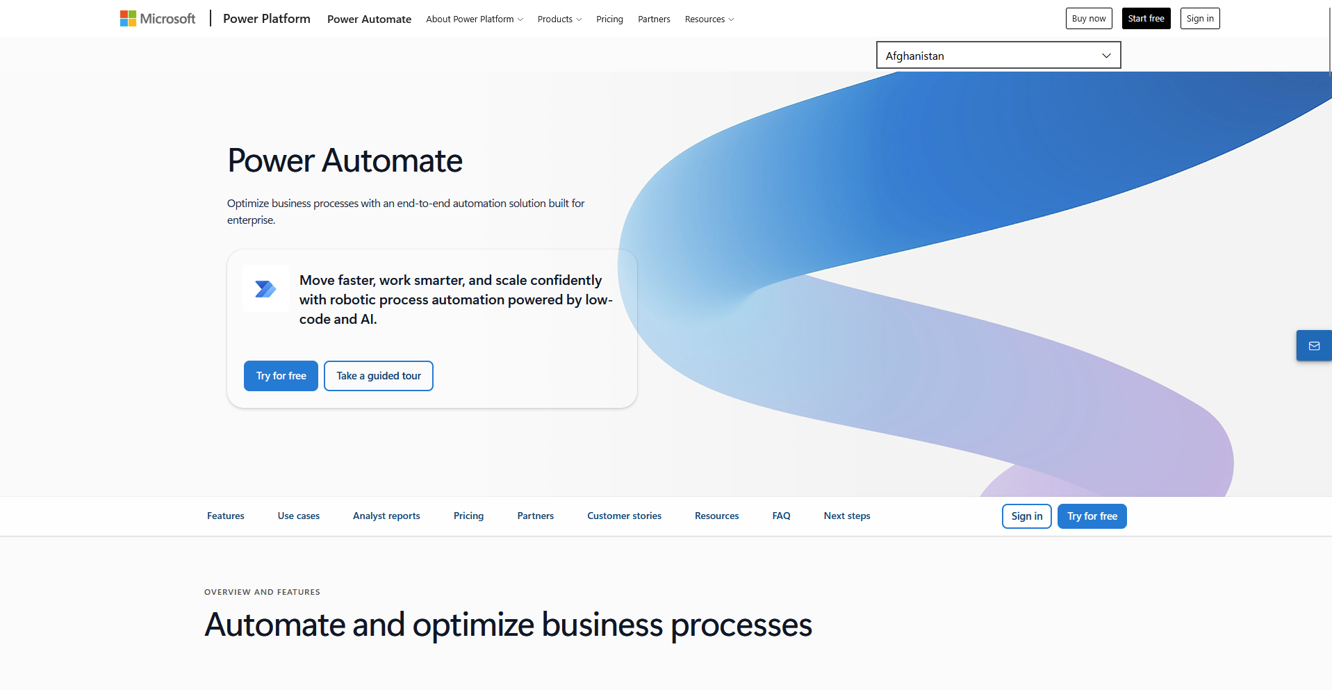 Microsoft Power Automate homepage