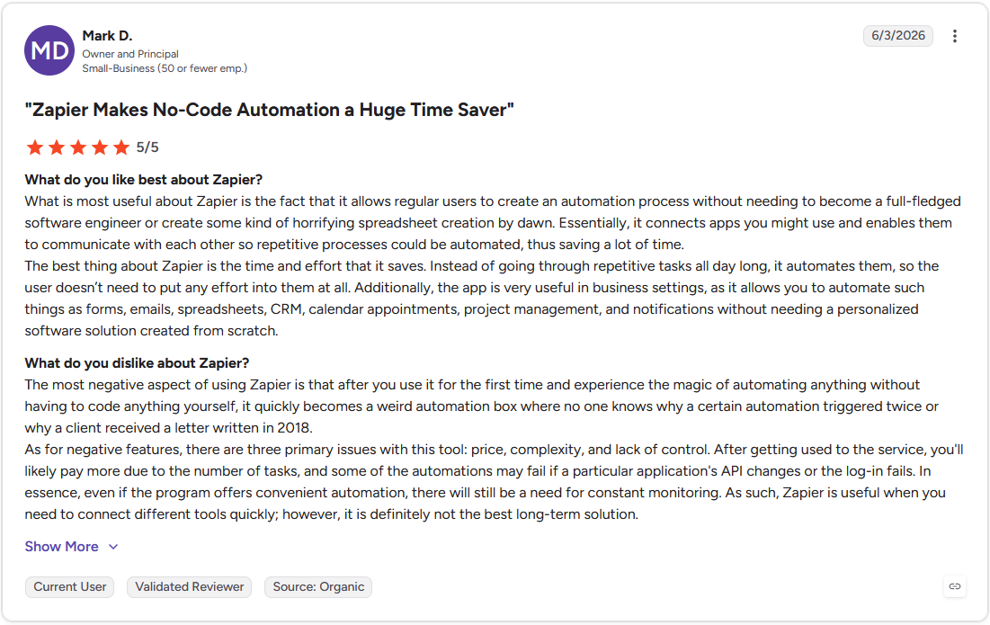 G2 review by Mark D., Owner and Principal, rating Zapier 5 out of 5