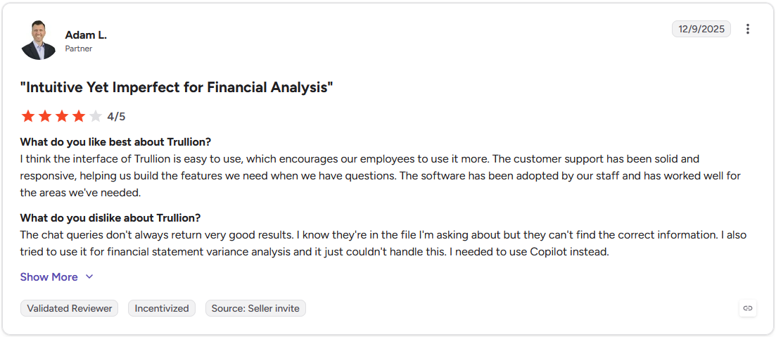 Trullion G2 review by Adam L., Partner, rated 4 out of 5 stars, dated December 9, 2025

