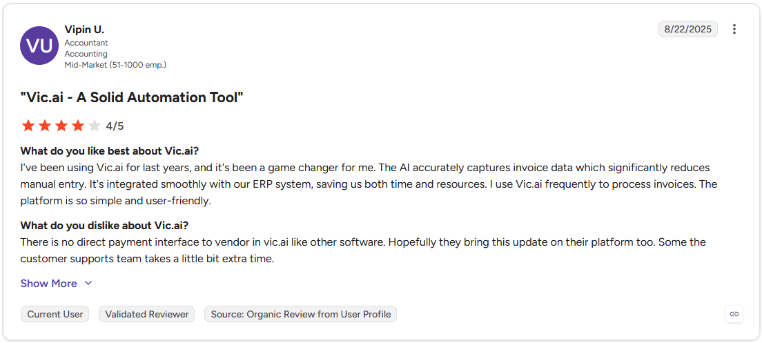 Vic.ai G2 review by Vipin U., rated 4 out of 5 stars, dated August 22, 2025