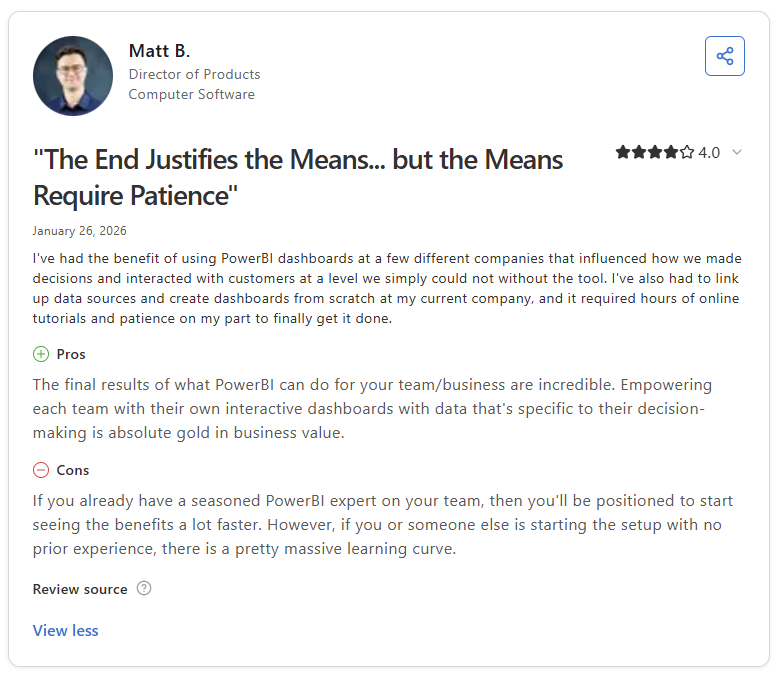 Capterra review from Matt B. saying Power BI delivers strong business value, but teams without prior experience face a steep learning curve during setup.